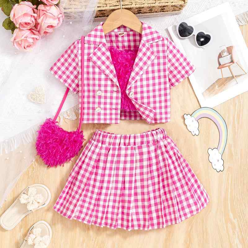 女の子 キッズ アンサンブル 3点セット 春夏 キャミソール 半袖アウター カーディガン ショートスカート チェック柄 ピンク ポリエステル素材 おしゃれ 普段使い お出かけ
