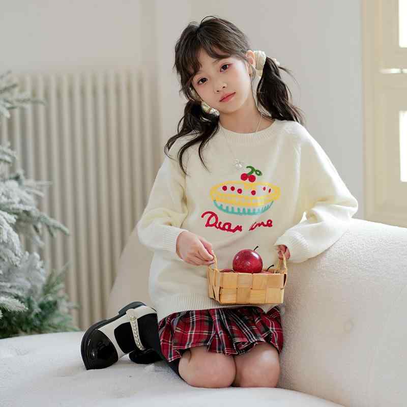 キッズ 女の子 セットアップ 韓国風 ツーピース 毛玉防止 厚手 暖か ニットセーター クルーネック 綿 アクリル チェック柄 ハーフ丈スカート ミモレスカート 通学 普段使い 秋冬