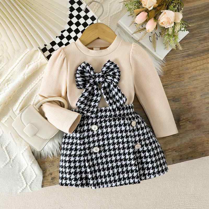 スカートセット ガールズ 秋冬 欧米風 リブ 長袖 リボン トップス 千鳥格子柄ボトムス 2点セット 綿混 普段使い お出かけ 柔らかい 3歳 8歳 アプリコット ベージュ系