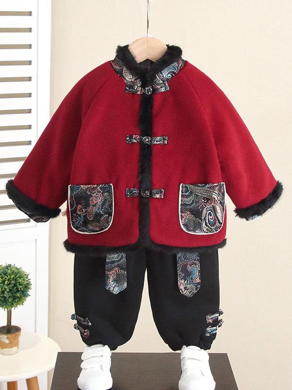 キッズ唐装 男の子 幼児向け 厚手 中綿入り コート 防寒 ボア裏地 冬服 旧正月 衣装 2点セット ポリエステル レッド