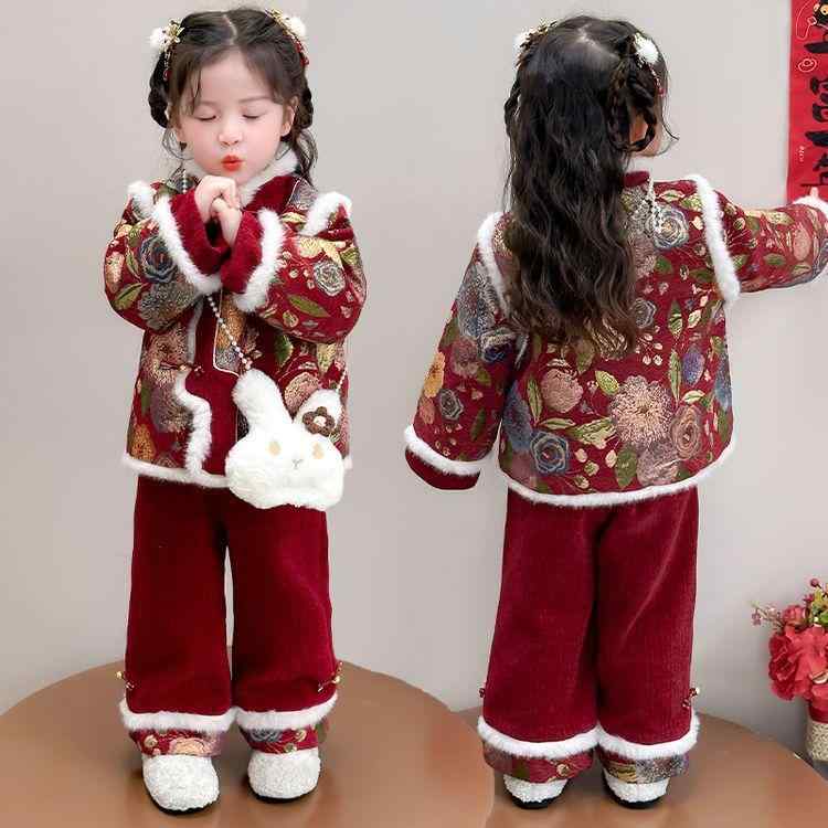 漢服 女の子 ベビー 女児 キッズ お正月 新年 晴れ着 中国風 厚手 裏起毛 上下セット 2点セット 綿 コットン レッド 赤色 冬物 防寒