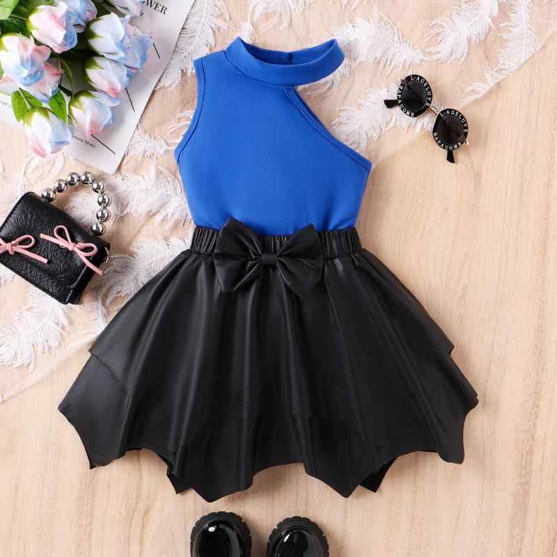 セットアップ 女の子 欧米風 ワンショルダー ホルターネック リブ ノースリーブ トップス カットソー リボン PUレザー ミニスカート ブルー 春夏 キッズ ジュニア 綿混 ソフトタッチ お出かけ カジュアル 上下セット