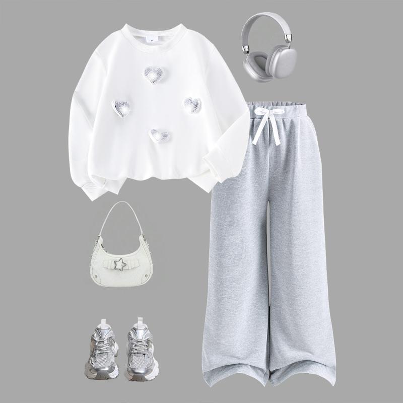 セットアップ ガールズ キッズ 春秋 長袖 ニット ハート アップリケ トップス 無地 ロングパンツ スウ..