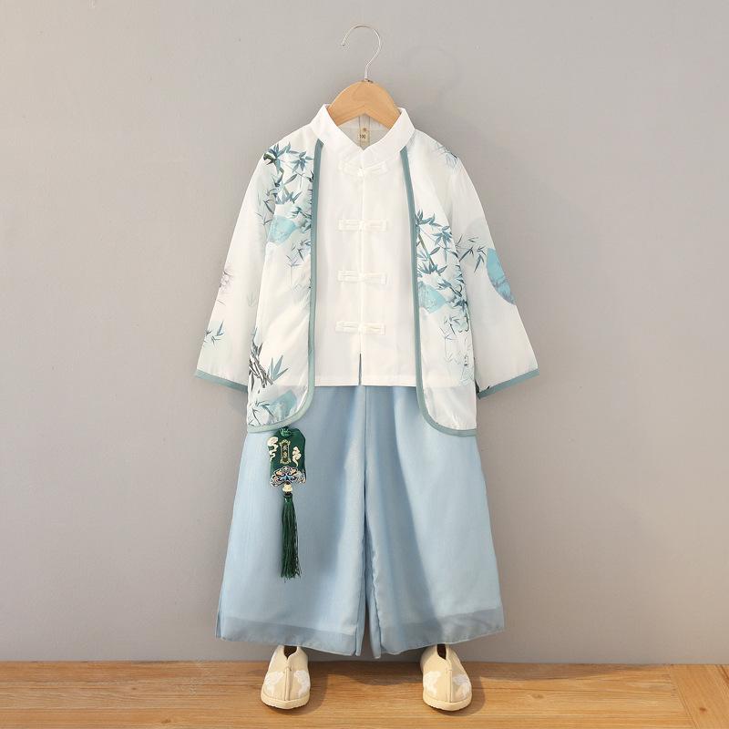 チャイナ服 キッズ 男の子 女の子 漢服 唐装 上下セット 蘭竹柄 中国風 時代劇風 舞台衣装 発表会 演劇..