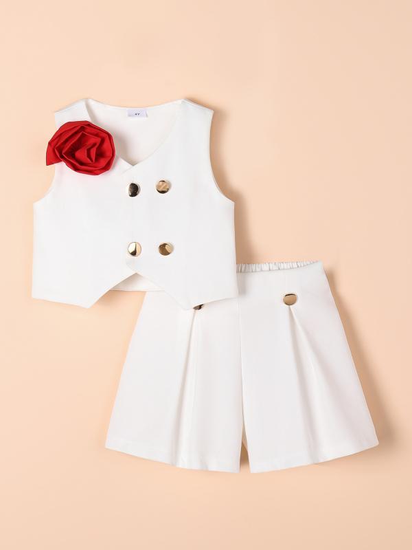 子供服 女の子 セットアップ ノースリーブトップス 花柄アップリケ プリーツスカート 綿 コットン ツー..