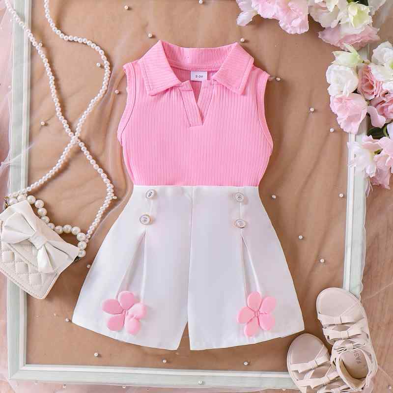 キッズ 女の子 ポロシャツ ノースリーブ トップス 花柄 アップリケ ショートパンツ 綿 上下セット プリンセス風 かわいい 春夏 お出かけ 普段使い カジュアル 快適