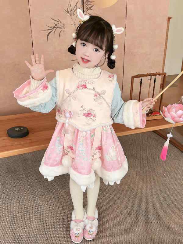 セットアップ 子供 女の子 漢服 チャイナ風 3点セット ワンピース 裏起毛 厚手 冬 晴れ着 お正月 民族衣装 かわいい プリンセス風 防寒 綿混 ポリエステル 花柄 スカーフ付き