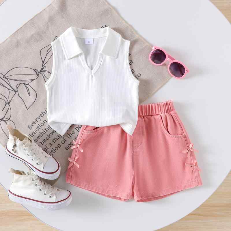 キッズ 女の子 セットアップ 夏 カジュアル ポロ襟 ノースリーブトップス リボン ニット ショートパンツ 柔らかな肌触り 綿素材 普段使い ルームウェア ピンク