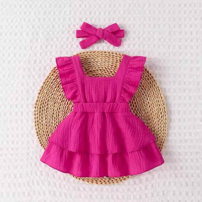 ワンピース ベビー 女の子 コットン 2点セット Aライン フリル リボン ドレス 乳幼児服 普段使い お出かけ リゾート カジュアル ピンク系 イエロー