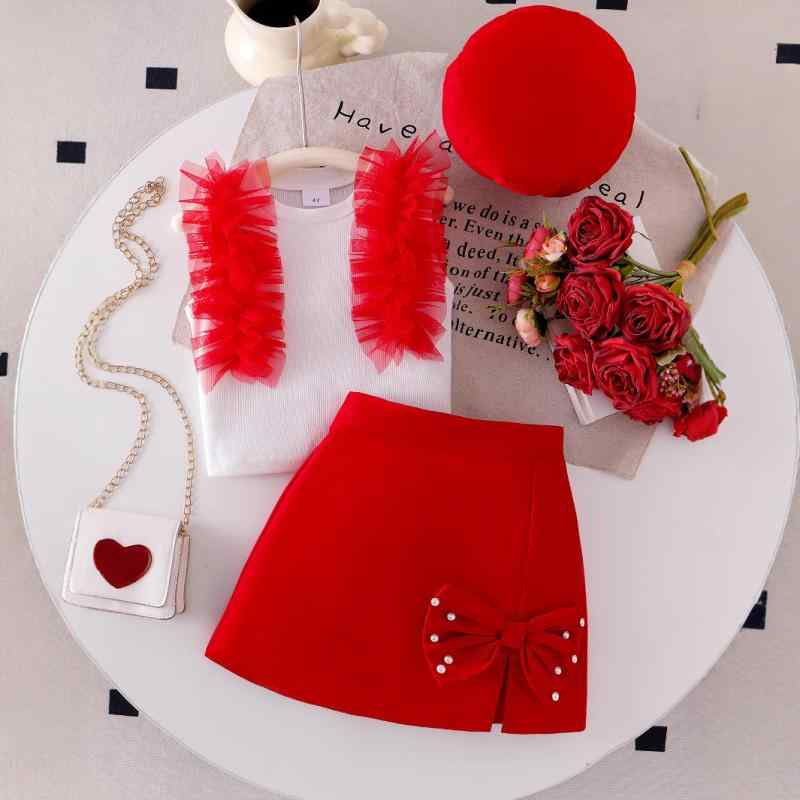 セットアップ キッズ ガールズ 春夏 コットン 柔らかい メッシュ ノースリーブ プルオーバー トップス リボン ミニスカート ベレー帽 3点セット レッド お出かけ 普段使い 無地 欧米風