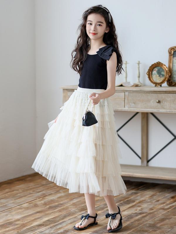セットアップ 女の子 ジュニア ノースリーブ Tシャツ タンクトップ ティアード チュール メッシュ スカート 2点セット 春夏 ポリエステル Aライン 韓国風 普段着 お出かけ 通学