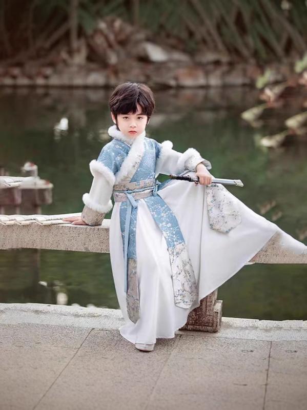 唐装 男の子 子供服 キッズ ジュニア 漢服 中国服 中国風 民族衣装 古装 新年 お正月 祝い着 記念撮影 イベント パーティー 厚手 暖かい ポリエステル セットアップ 上下セット 秋冬 ブルー 藍色