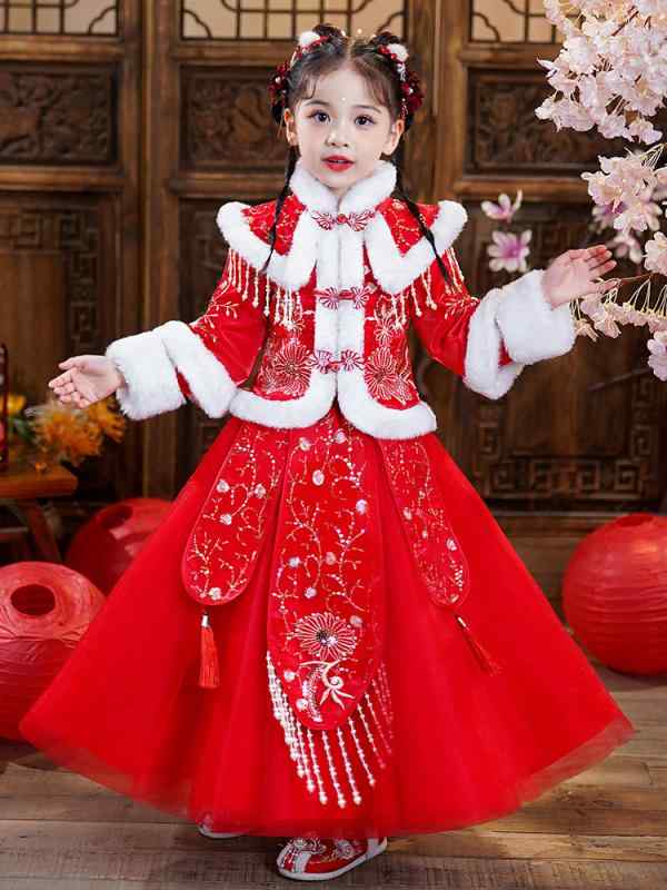 唐装 女の子 冬 漢服 裏起毛 厚手 暖かい 2点セット セットアップ お正月 初詣 晴れ着 高級感 コーデュロイ 花柄 ワンピース 古典衣装 レッド ピンク