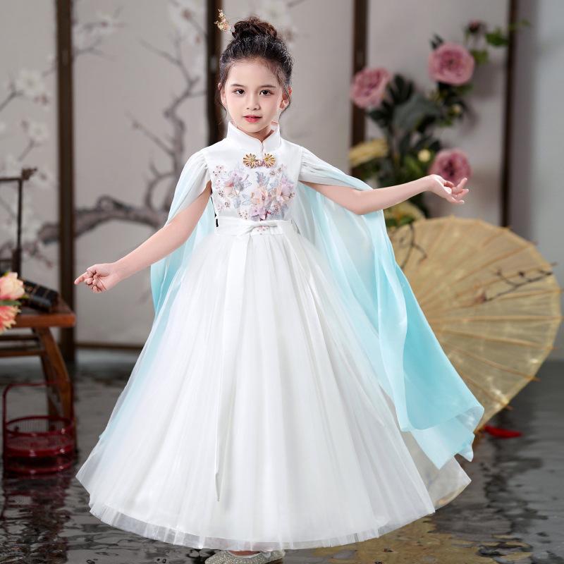 唐装 女の子 キッズ 中国風 民族衣装 春夏 花柄 フリル袖 シフォン チュール プリンセス風 コットン裏地 柔らかな肌触り 薄手 ドレス ワンピース ホワイト 発表会 イベント 衣装