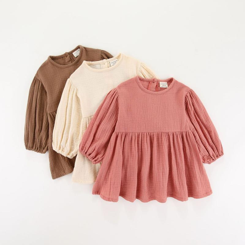 ワンピース 女の子 子供 キッズ 秋冬 綿麻 リネン 韓国風 森ガール風 長袖 丸襟 プリンセス フレア Aライン ナチュラル 普段使い 通園 通学 お出かけ ピンク 栗色 オフホワイト
