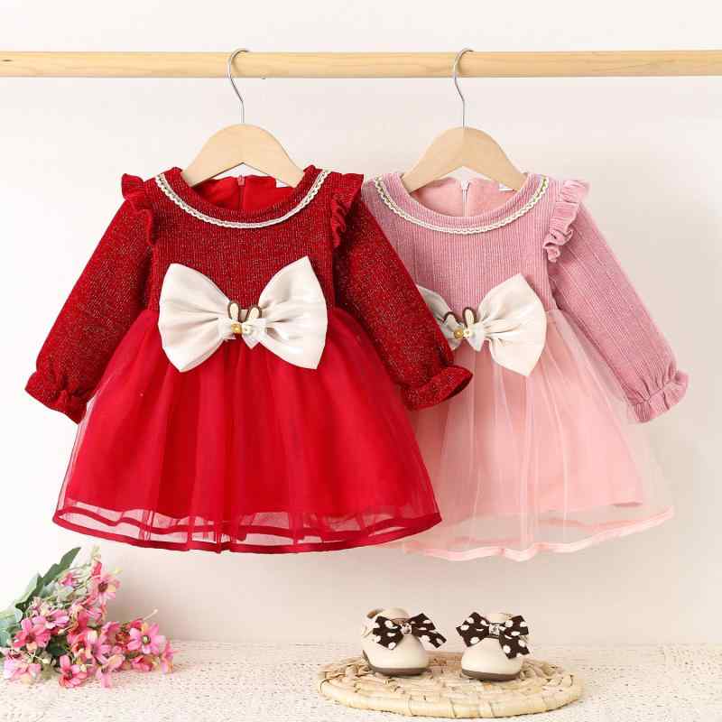 ワンピース 女の子 ガールズ 女児 秋冬 厚手 裏起毛 暖かい 防寒 メッシュ 切り替え コーデュロイ プリンセス ドレス かわいい Aライン お出かけ 普段使い フォーマル パーティー レッド ピンク
