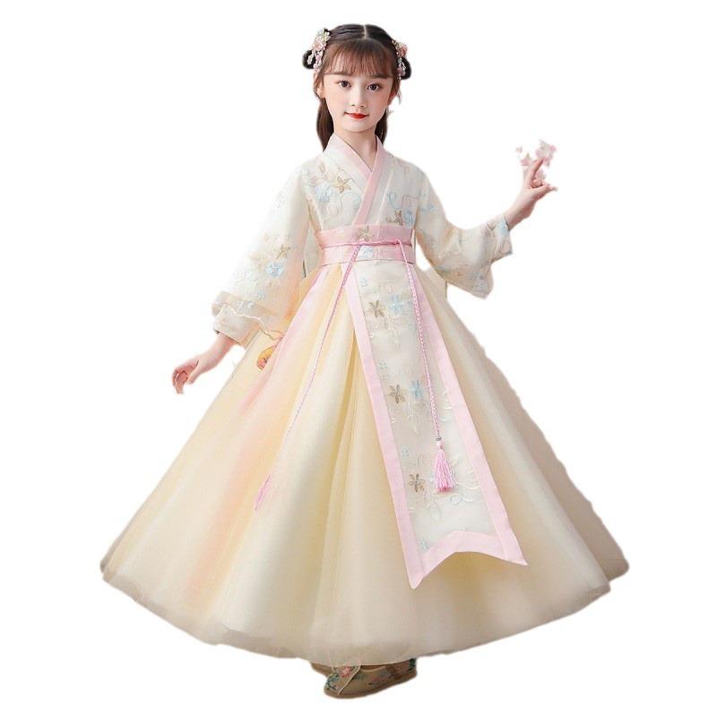 ワンピース 女の子 キッズ ジュニア 秋冬 厚手 漢服 唐装 中華風 チャイナドレス 古風 花柄 レース メッシュ プリント プリンセス 起毛加工 やわらか素材 ポリエステル裏地 シャンパン ピンク