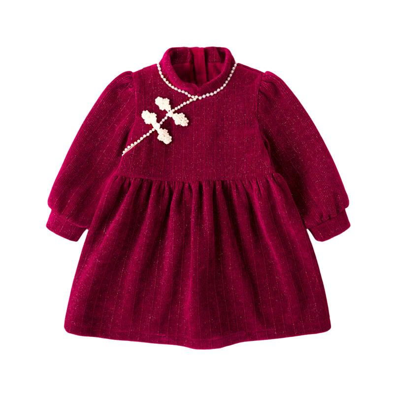 チャイナドレス ベビー 女の子 赤 レッド お正月 新年 晴れ着 お祝い フォーマル ワンピース 厚手 暖かい 冬物 ポリエステル 上品 華やか 無地 1歳 2歳 3歳