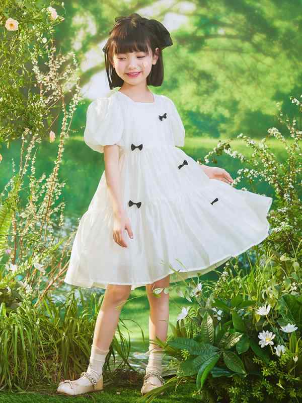 ワンピース 女の子 ジュニア キッズ パフスリーブ シフォン 再生繊維 ロング丈 膝下丈 プリンセス かわいい リボン 夏 お出かけ 通学 フォーマル