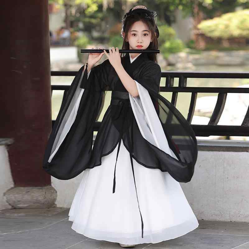 民族衣装 女の子 黒 ブラック 漢服風 中国風 魏晋 南北朝風 ワイドスリーブ 仙女風 優雅 華やか ロングドレス ワンピース 花柄 プリンセス風 ポリエステル 麻混 春夏 イベント コスチューム 発表会 舞台衣装