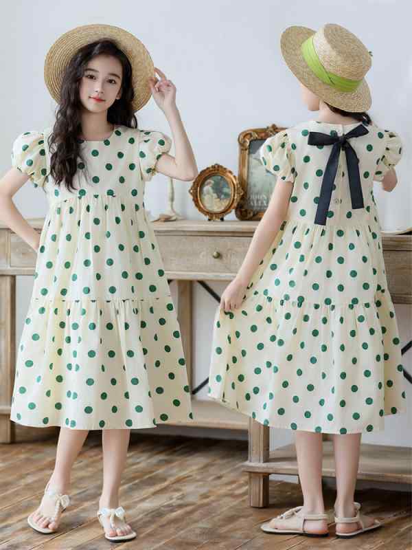ワンピース 女の子 キッズ 小学生 半袖 水玉模様 Aラインフレアスカート 綿 韓国風 リゾート 普段着 お出かけ 夏 杏色