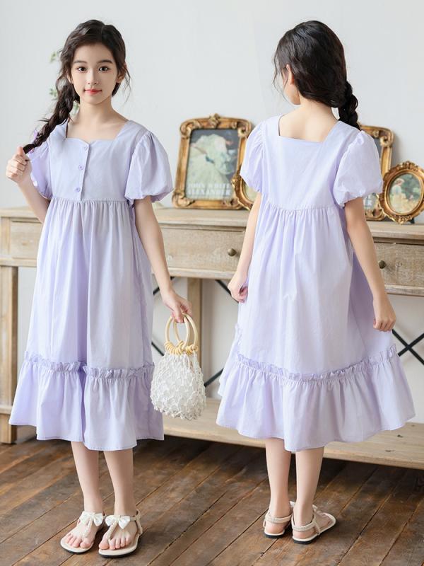 ワンピース キッズ 女の子 ジュニア 子供服 パフスリーブ コットン プリンセスドレス 春夏 韓国風 Aラインスカート パープル