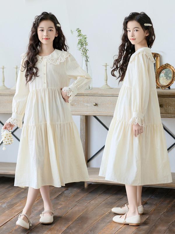 ワンピース キッズ 女の子 ジュニア 秋物 コットン 綿100% ロング丈 ドールカラー プリンセス風 Aライン フレア かわいい おしゃれ 普段使い 通学着