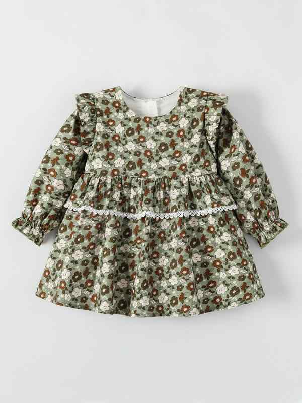 ワンピース 女の子 子供服 長袖 小花柄 バタフライスリーブ プリンセスドレス フリルスカート 綿 コッ..