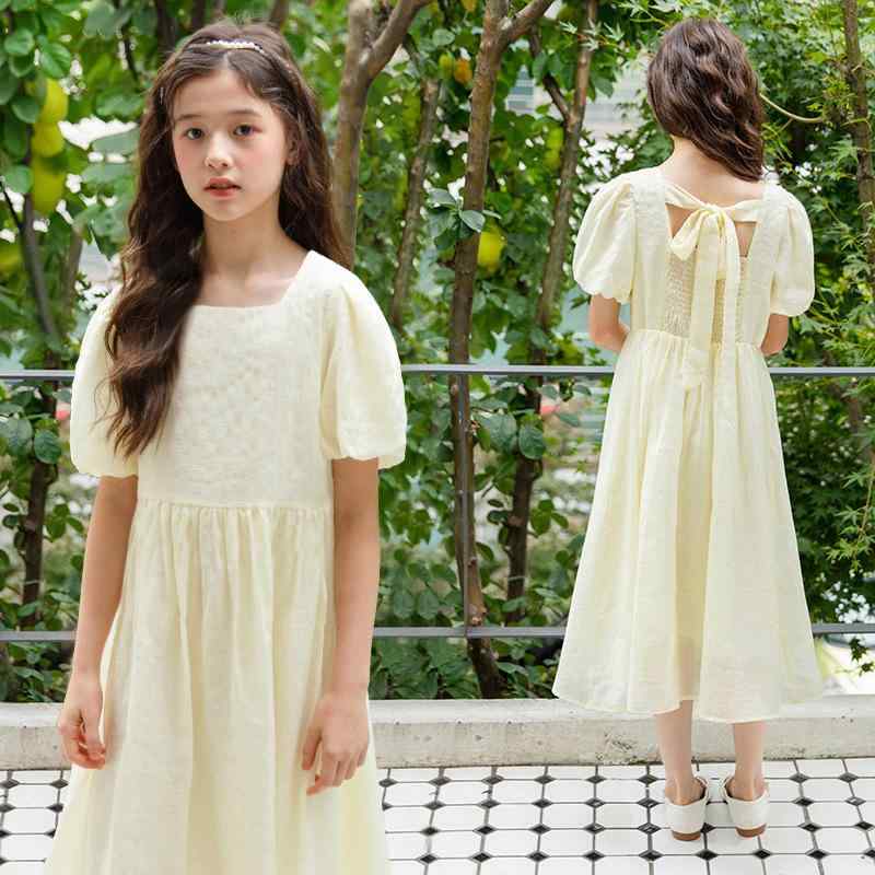 ワンピース 女の子 キッズ スクエアネック パフスリーブ Aライン フレア ミディ丈 春夏 ポリエステル カジュアル 普段着 ライトイエロー かわいい おしゃれ 韓国風