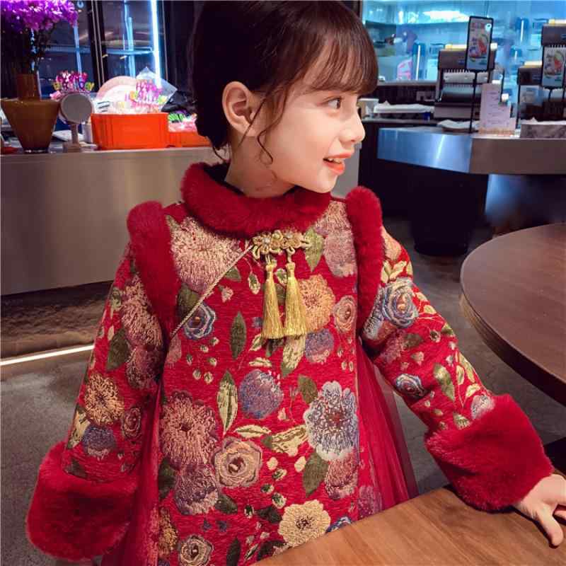 チャイナドレス キッズ 女の子 中国風 唐装 ワンピース 裏起毛 暖かい 赤 レッド 女児 ガールズ 伝統衣装 古典風 おしゃれ かわいい 新年 晴れ着 お祝い イベント フォーマル 秋冬 厚手 再生繊維 ドレス