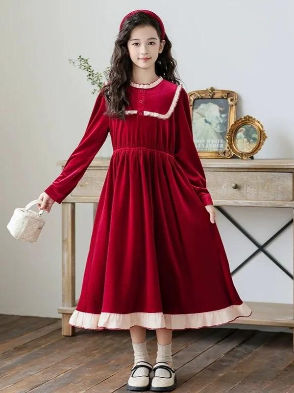 ワンピース 女児 女の子 ジュニア 秋冬 上品 エレガント かわいい 長袖 ポリエステル プリンセス風 発表会 フォーマル お呼ばれ 無地 ドレス レッド ブラック