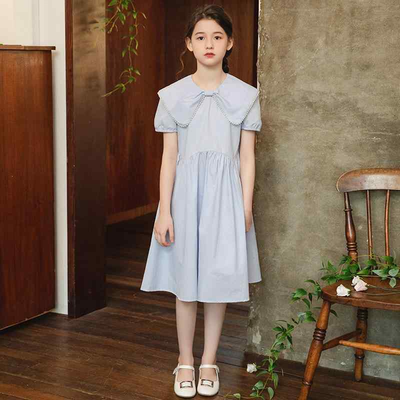 ワンピース 女の子 キッズ ベビー 女児 子供服 春夏 パフスリーブ プリンセスドレス かわいい おしゃれ コットン ブルー 発表会 お出かけ フォーマル Aライン フレア カジュアル