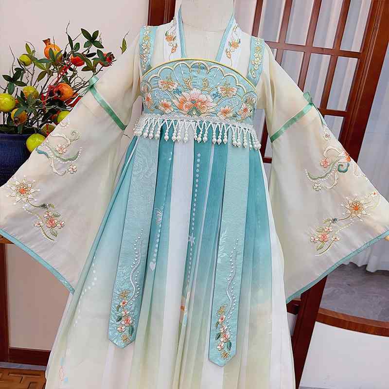ワンピース 女の子 キッズ 女児 チャイナドレス風 中国古典 古風 民族衣装 ブルー 青色 薄手 柔らかな肌触り プリンセス風 田園風 アクリル混紡 ポリエステル裏地 無地 春秋