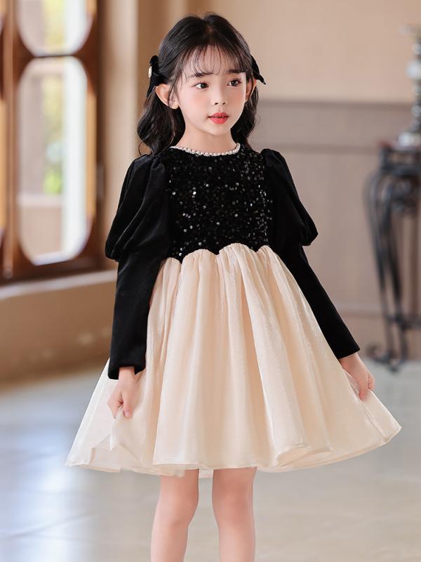 ワンピース 女の子 キッズ バースデー プリンセスドレス パーティー フォーマル ベルベット ベロア スパンコール キラキラ パフスリーブ ボリューム袖 長袖 ふわふわ フレア Aライン かわいい 秋冬 黒 無地 子供服 ポリエステル