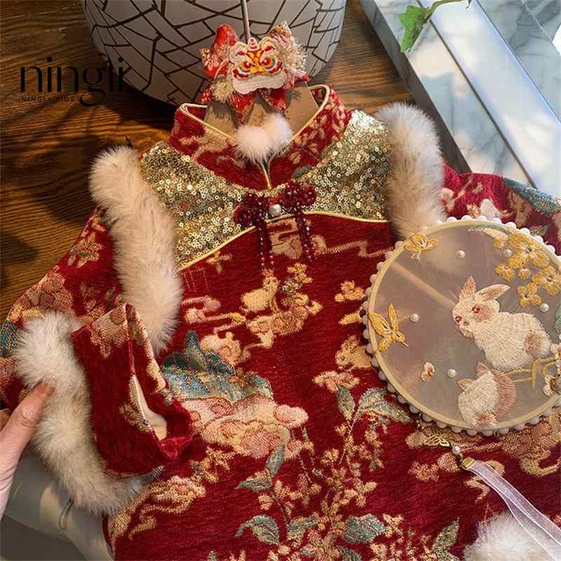 チャイナドレス 女の子 ベビー キッズ 唐装 漢服風 ワンピース お正月 誕生日 記念日 祝い着 赤 花柄 コットン 裏起毛 厚手 秋冬