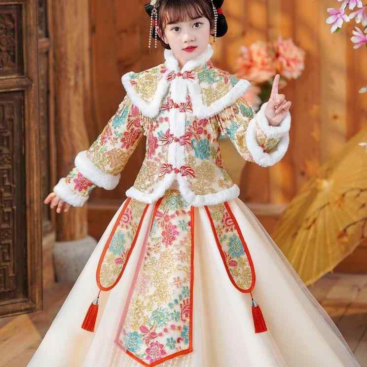 ワンピース ドレス 女の子 女児 子供 ジュニア チャイナドレス風 漢服 中華風 民族衣装 花柄 レース 刺繍 厚手 裏起毛 中綿 防寒 秋冬 お正月 新年 お祝い 晴れ着 発表会 七五三 パーティー 記念撮影 レッド シャンパン ポリエステル