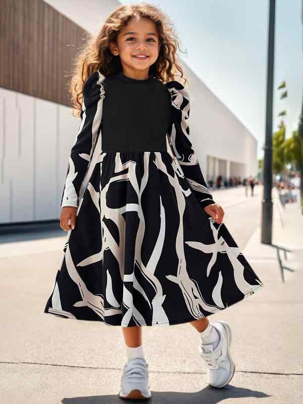 ワンピース ガールズ おしゃれ 花柄 幾何学模様 プリント 長袖 立ち襟 パフスリーブ シンプル カジュアル Aライン 普段使い ブラック 春秋 ポリエステル混紡