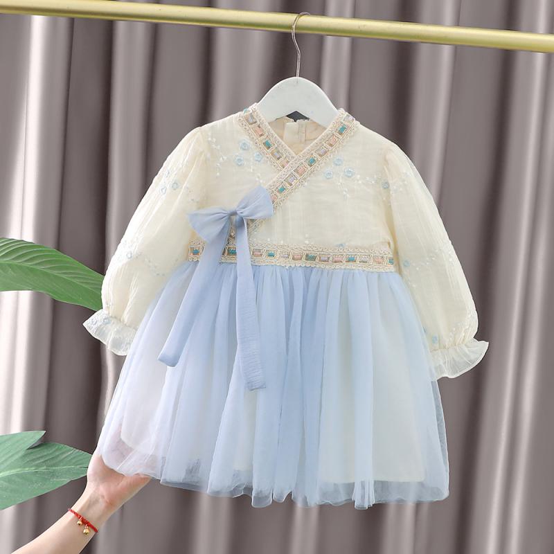 ワンピース 女の子 ベビー 赤ちゃん 1歳 2歳 3歳 プリンセスドレス 韓国風 かわいい おしゃれ エレガント 綿 コットン 長袖 厚手 ブルー 無地 秋冬 お出かけ パーティー 結婚式 発表会