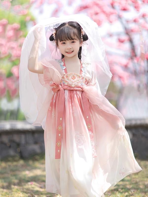 漢服 キッズ 女の子 春夏 中国風 ピンク かわいい ワンピース ドレス 綿素材 柔らかい肌触り 民族衣装 普段着 お祭り 女児