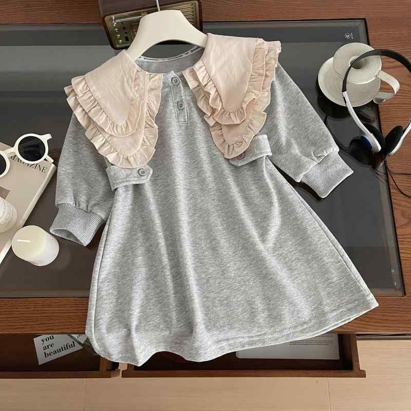 ワンピース 女の子 韓国風 長袖 ダブル ビッグカラー フリルスカート コットン グレー ブラウン 普段着..