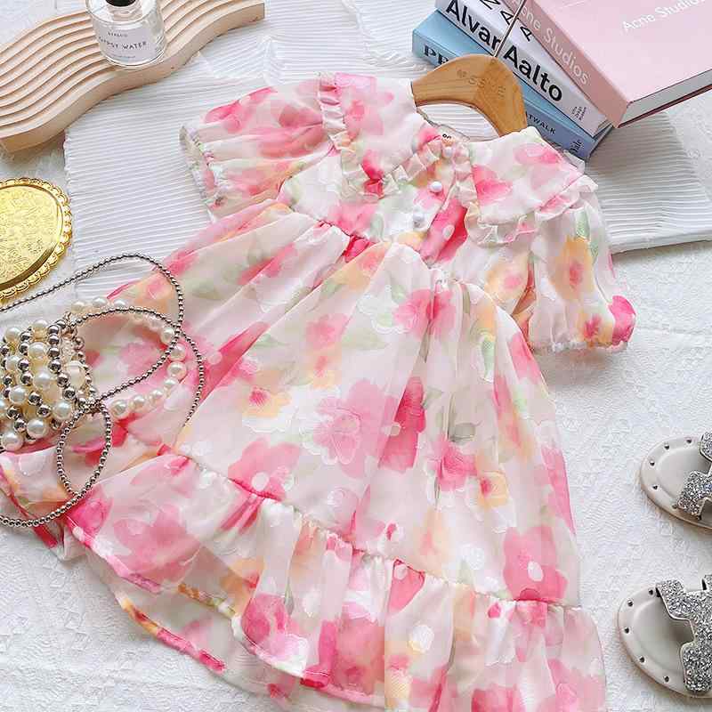 ワンピース 女の子 ベビー キッズ 子供服 半袖 付け襟風 ドールカラー 小花柄 花柄 プリンセスデザイン フレア ポリエステル 柔らかい肌触り 韓国風 ピンク 春夏 普段使い お出かけ 幼児 3歳 8歳