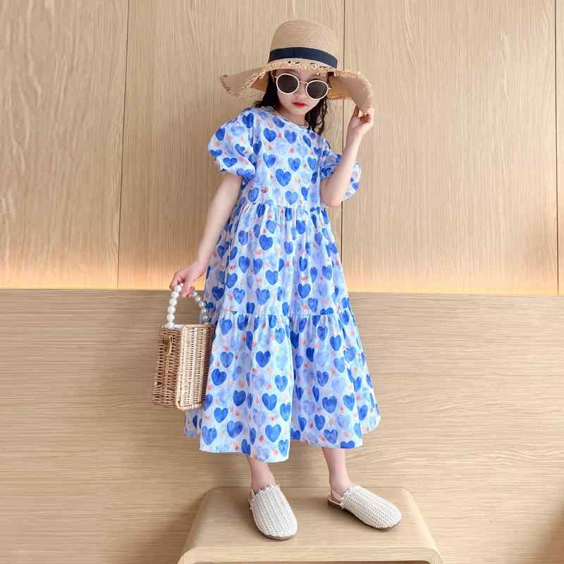 ワンピース 女の子 ジュニア 夏物 ナチュラルテイスト リゾートスタイル ブルー ハート柄 ロング丈 Aライン 半袖 普段使い カジュアル 親子お揃い 綿100% 柔らかい 肌触り ふんわり