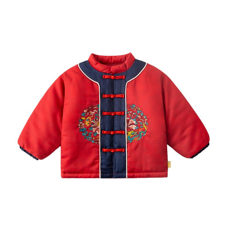 チャイナ服 ベビー 男の子 新年服 お正月 慶事 辰年 コート ジャケット アウター 厚手 裏起毛 防寒 中国風 民族風 ポリエステル レッド
