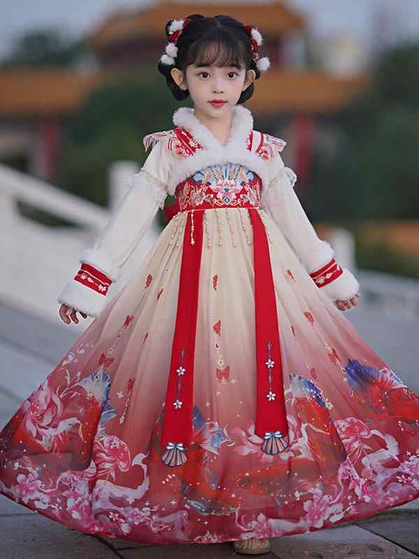 漢服 女の子 キッズ 唐装 チャイナドレス 古風衣装 秋冬 厚手 お正月 晴れ着 お祝い着 中国風 ポリエステル 動物柄 プリント レッド パープル