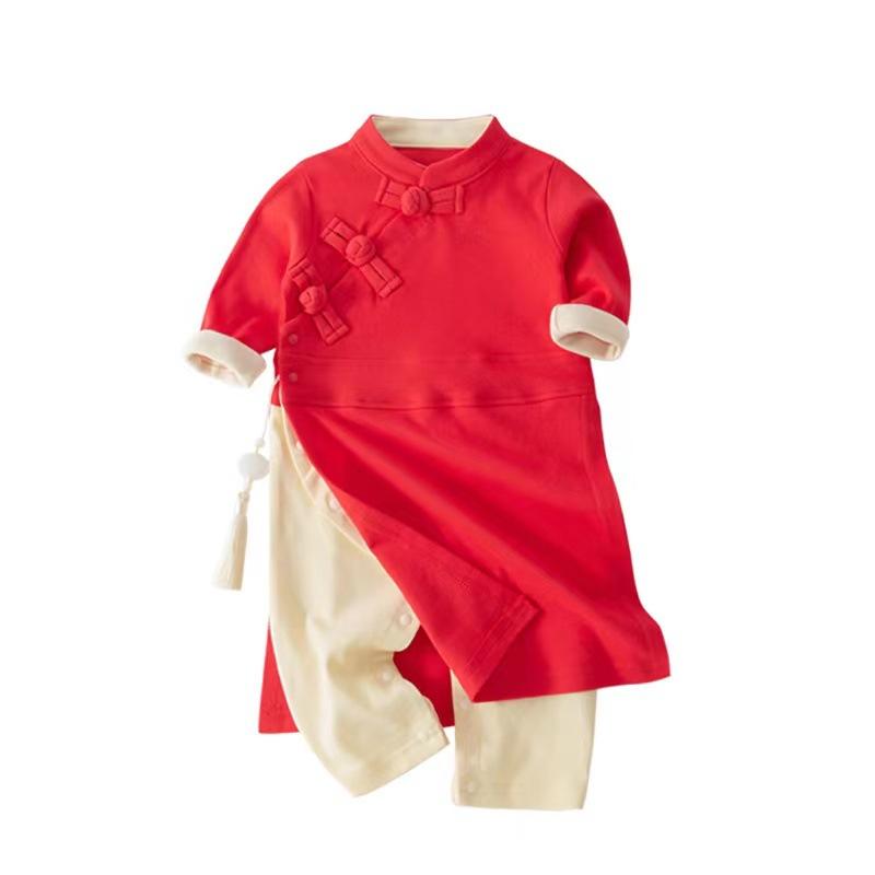 ベビー服 男女兼用 ロンパース 中国風 唐装 漢服 周歳記念 1歳誕生日 礼服 フォーマル 綿 ポリエステル 切り替え やわらか 無地 春秋 出産祝い 記念撮影