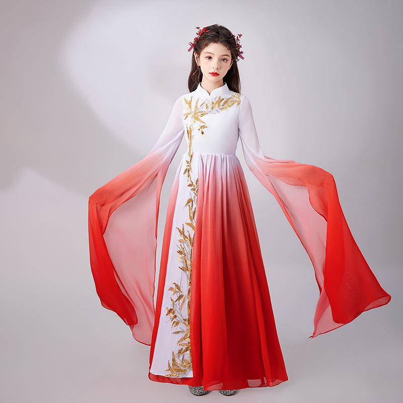ドレス 子供 女の子 発表会 演奏会 花柄 漢服 唐装 中国風 プリンセス ロング丈 舞踊衣装 軽やか 水袖 ステージドレス 古筝 ピアノ ダンス レッド ポリエステル 麻混