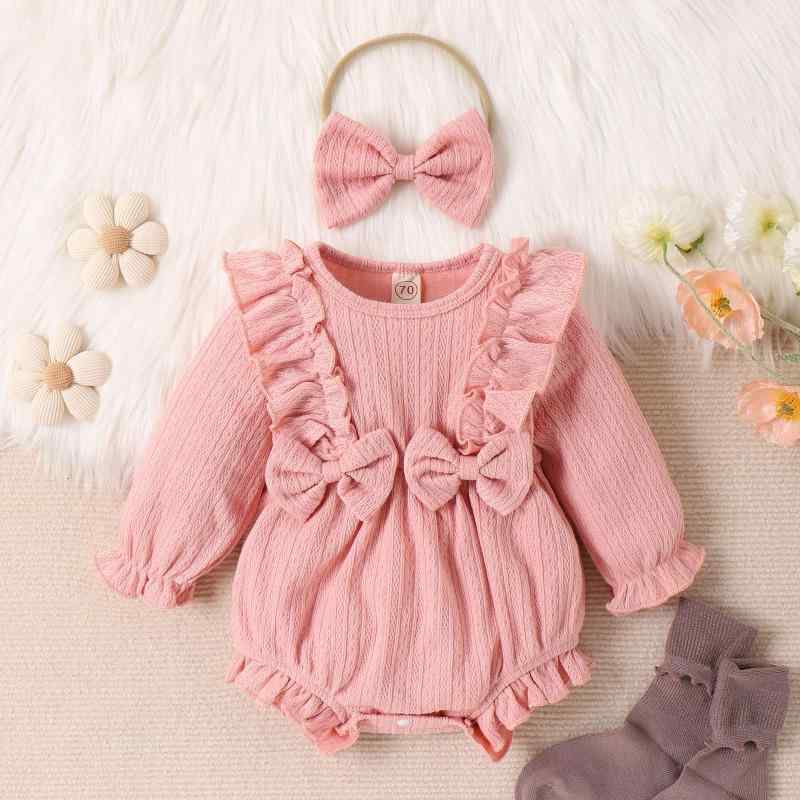 ロンパース 女の子 ベビー 乳幼児 秋冬 ニット 無地 綿 コットン 長袖 リボン 股下スナップ カバーオール あったか 柔らかい 肌触り 普段使い お出かけ おしゃれ かわいい 着やすい