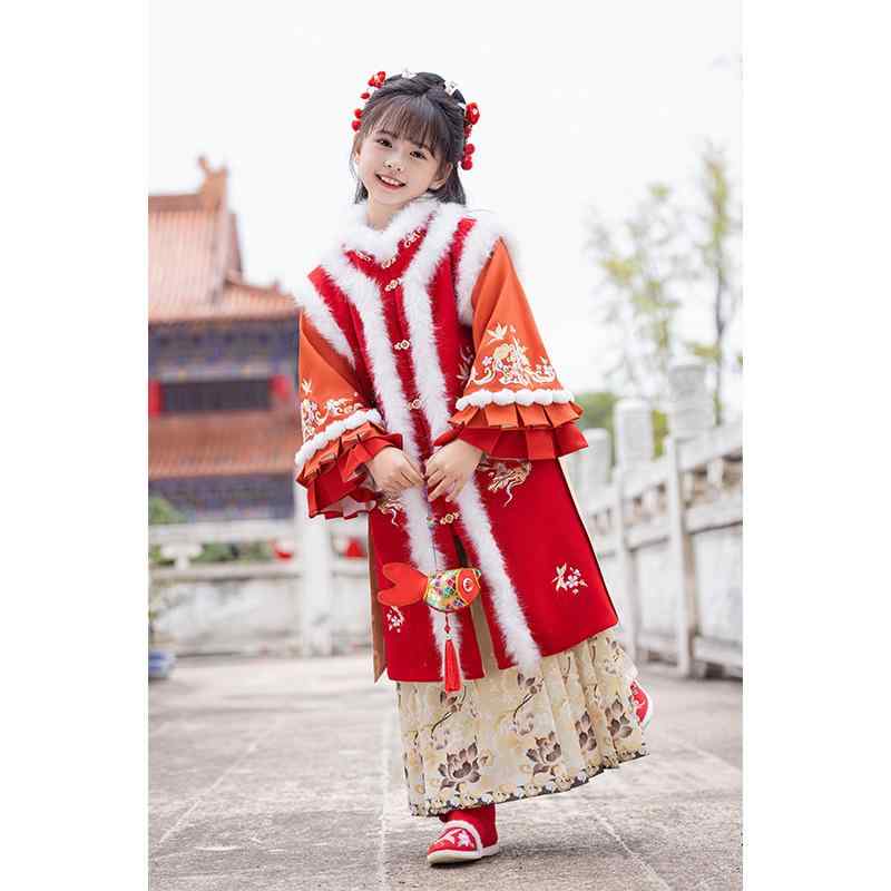 漢服 女の子 キッズ 高級感 プリンセス 裏起毛 中綿コート 冬 防寒 赤色 ロング丈 お正月 新年 お祝い 発表会 イベント 記念撮影 子供服 ポリエステル混...