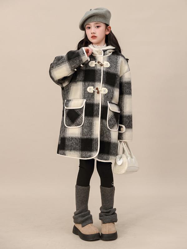 コート キッズ 女の子 ジュニア ブラック チェック柄 フード付き ダッフルコート ミドル丈 長袖 裏ボア 厚手 防寒 もこもこ ファー 柔らか素材 かわいい ...