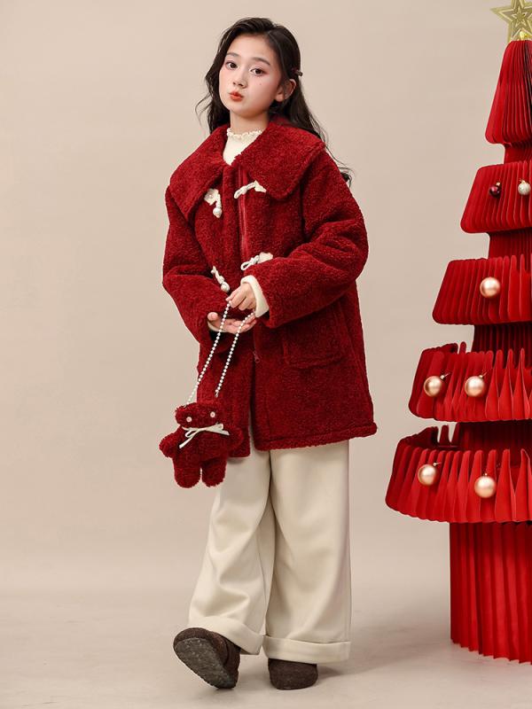 コート アウター 女の子 ジュニア 厚手 メルトン調 ボア裏地 ミドル丈 トグルボタン 長袖 襟付き ポリエステル カジュアル 韓国ファッション 通学 秋冬 か...